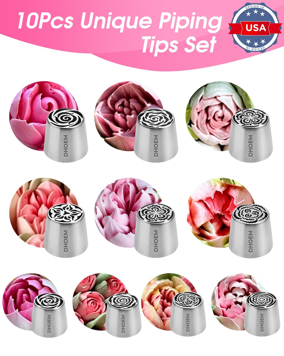 Juego de 62 boquillas rusas de acero inoxidable, 10 boquillas de flores para hornear para decoraciones de flores: rosas, tulipanes, ramos de crema de mantequilla de malvavisco, suministros de