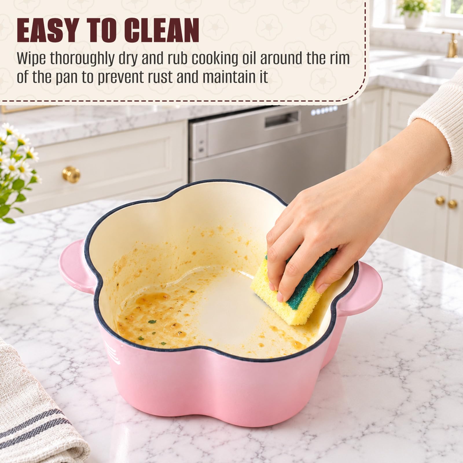 Cocotte à pain en fonte émaillée avec couvercle en forme de fleur pour induction et four, compatible avec différents types de plaques de cuisson, rose