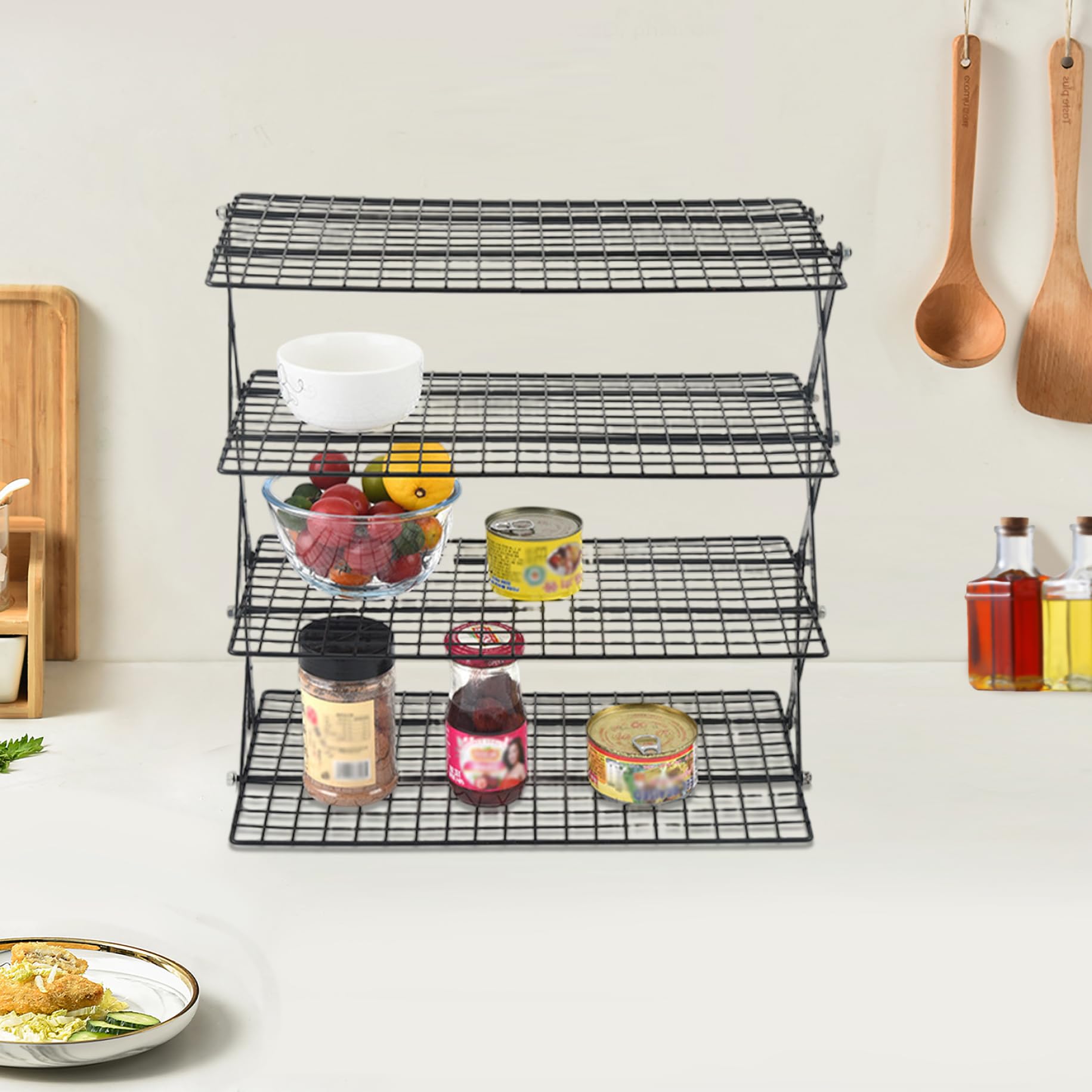 Rejillas de enfriamiento para cocinar y Hornear, Rejilla de enfriamiento Plegable de Alambre de Hierro Plegable de 4 Niveles para Cocina, Camping para Cocina