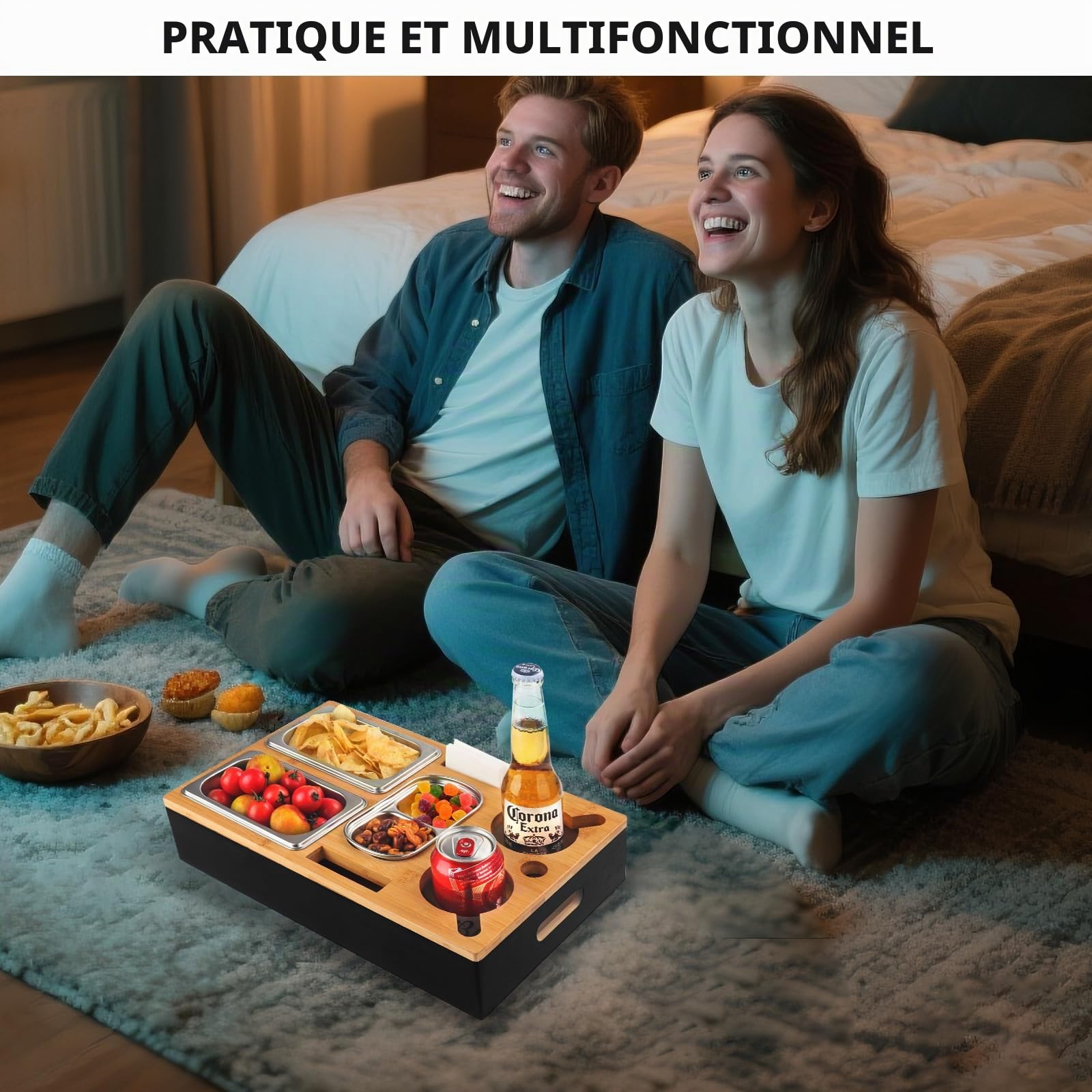 Boîte à goûter pour canapé, Cadeau d'anniversaire pour Homme, Distributeur de collation avec Bol à collation, Porte-Bouteille, Organisateur de collation, Couvercle Amovible pour canapé