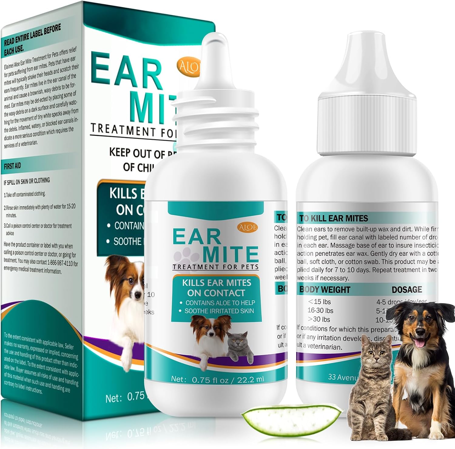 Ear Mites Clean for Dogs & Cat, with Aloe Vera, Cleaner on Contact & Soothes Itching, Vet-Recommended Formula for Pets Ear Cleaning, Fast-Acting