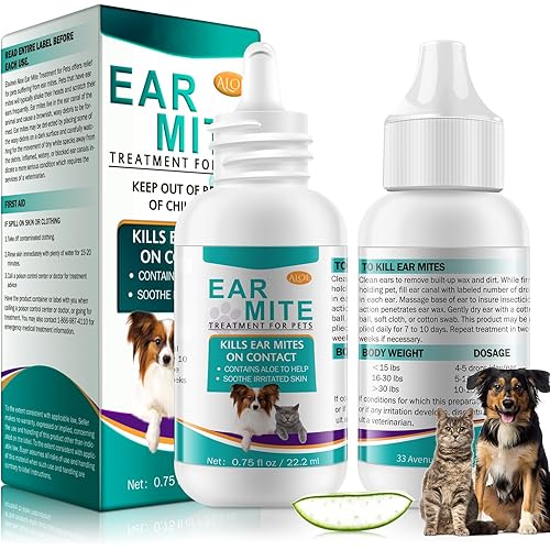 Ear Mites Clean for Dogs & Cat, with Aloe Vera, Cleaner on Contact & Soothes Itching, Vet-Recommended Formula for Pets Ear Cleaning, Fast-Acting