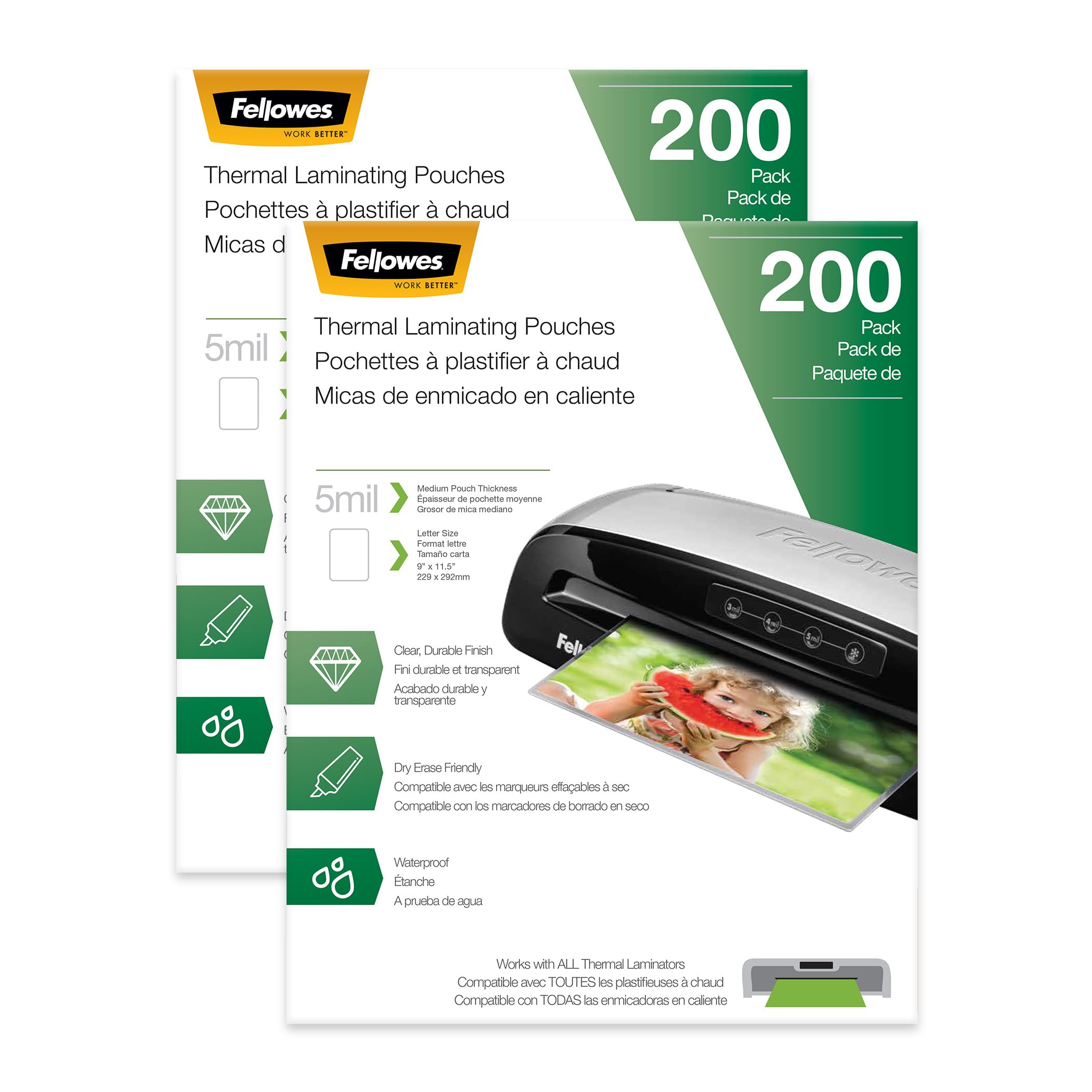 Fellowes Thermal Laminating Sheets, Letter Size, 5mil 200pk 2pk, 400 Sheets, Clear, Photo Safe, Dry-Erase Friendly, Pouches Compatible with Most Thermal Laminators