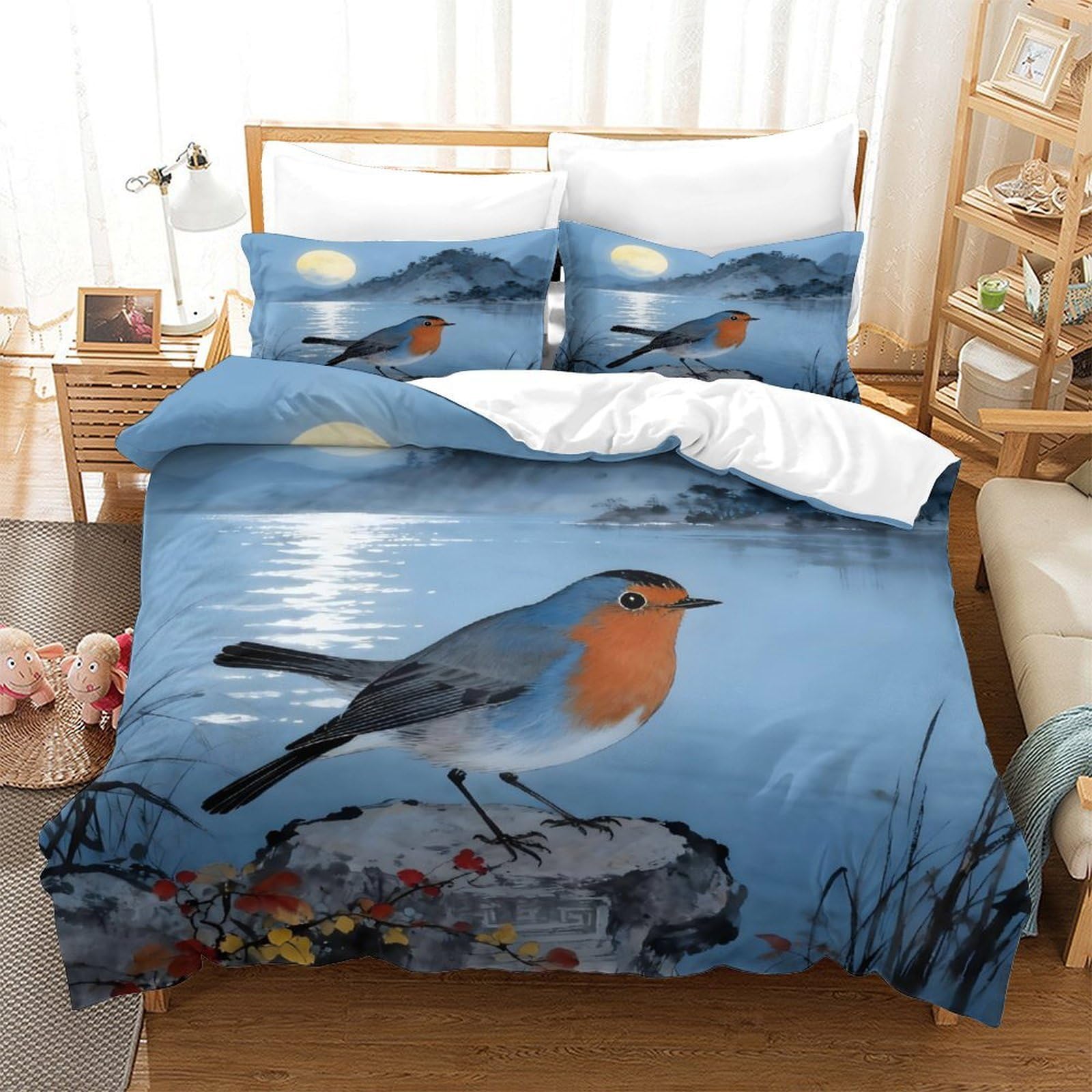 YYVKPMLXC Robin Bird Duvet Cover,Oriental Ink Painting 3D Pattern Bedding Set Microfiber Quilt Cover 3pcs, Comforter Cover with Zipper Closure For Kids Teen Bedroom Decor King（220x240cm）