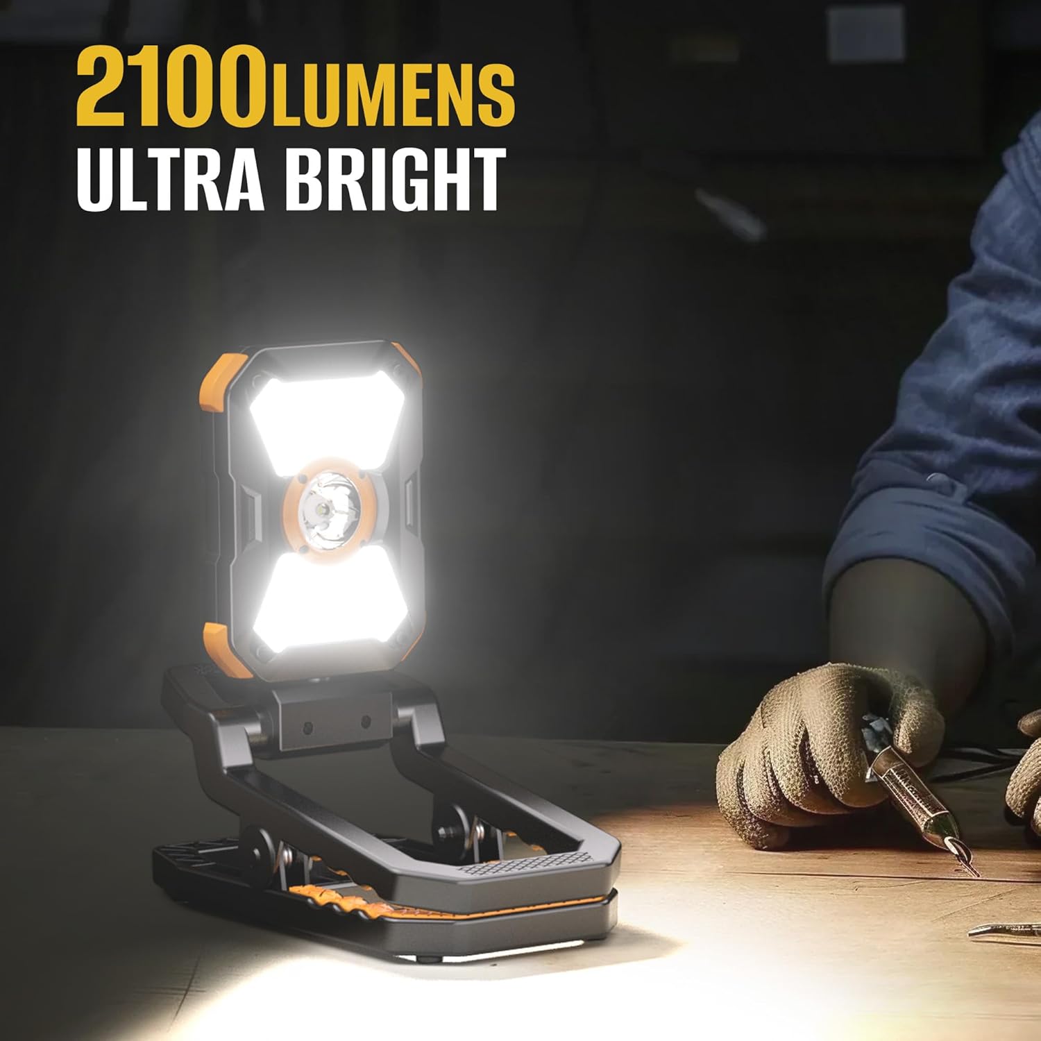 Adelante Rechargeable Work Light with Clamp, 2100 Lumens, 4000mAh 10Hours LED Work Light with Magnet Base, 7 Modes, 360° Rotation, IPX4 Waterproof for Job Site, Workshop, Emergency, Car Repairing