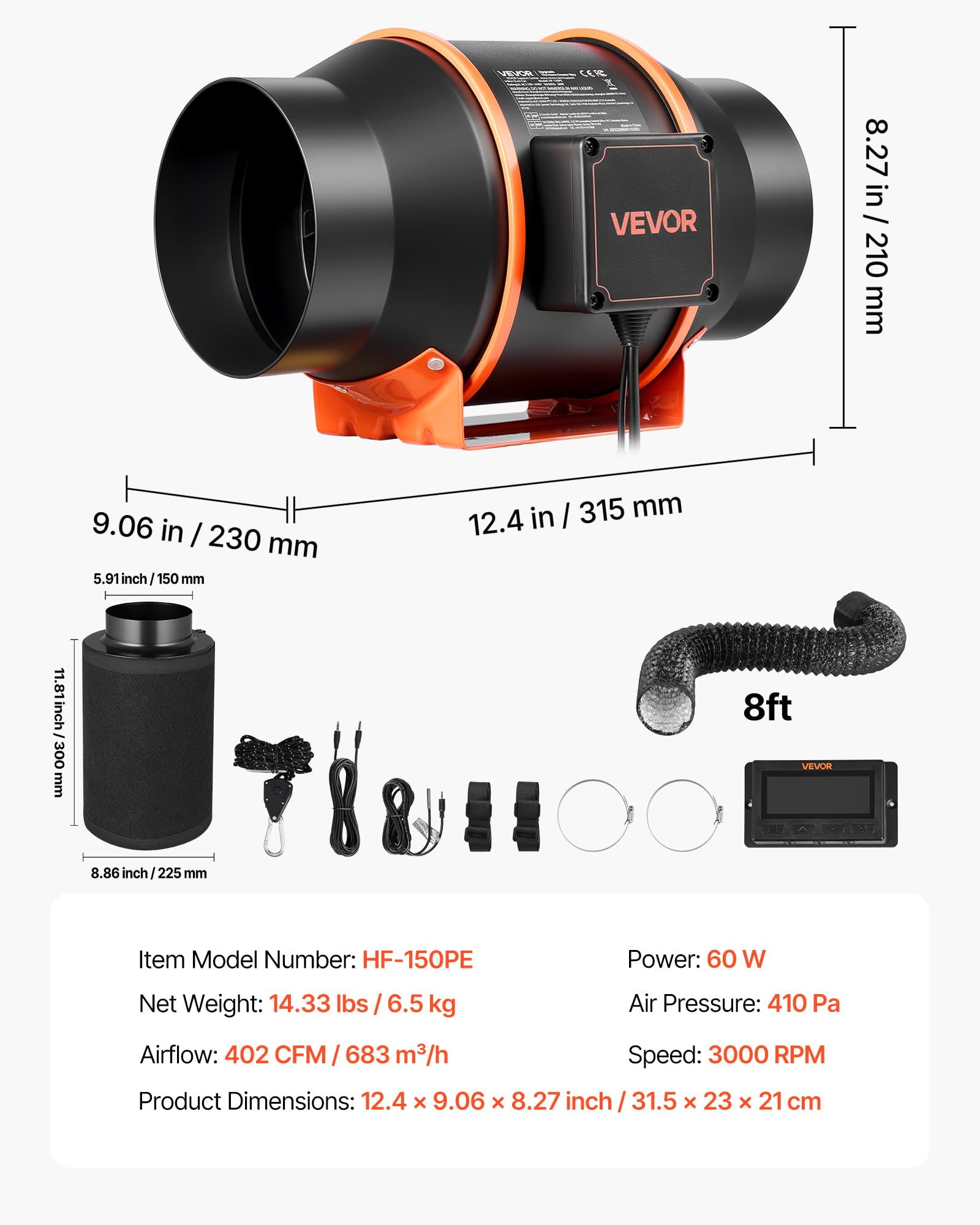 VEVOR Kit Ventilateur de Gaine à Flux Mixte avec Filtre à Charbon 683 m³/h, Extracteur d'air en Ligne 152,4 mm pour Tente de Culture, 10 Vitesses, Moteur EC, Contrôleur PWM, Contrôle App, Minuterie