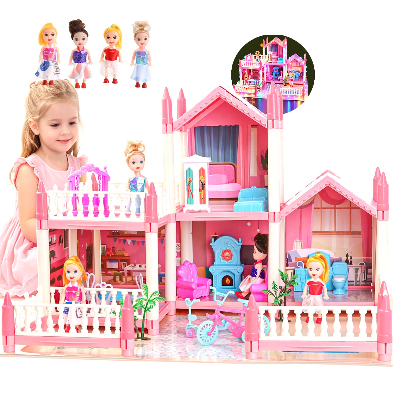Puppenhaus für Mädchen mit Licht, Spielmatte, Puppen und Möbeln für Kinder von 3–8 Jahren