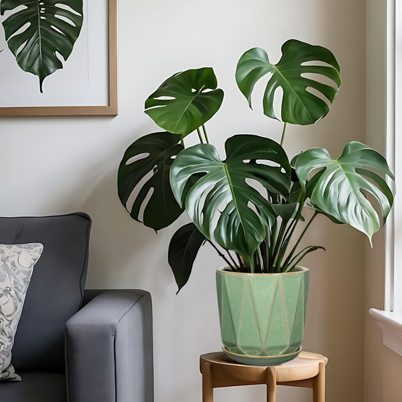 Oairse Macetas de cerámica para plantas, macetas de 8 + 6 pulgadas con agujeros de drenaje y platillos, macetas grandes de cerámica verde, maceta decorativa para plantas de interior y exterior