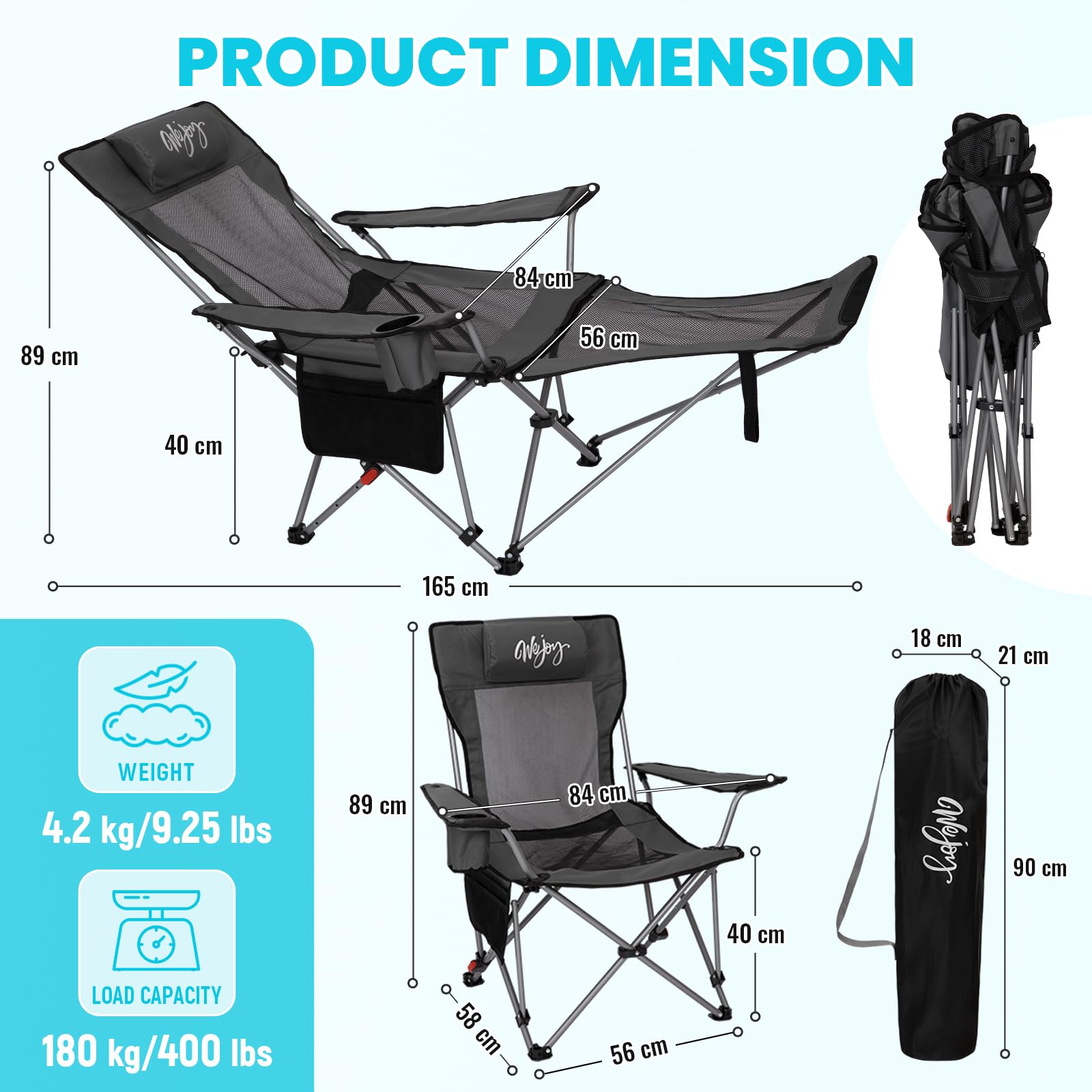 #WEJOY Krzesło kempingowe 2 w 1, składane, 180 kg, z podnóżkiem, krzesło plażowe z 4-stopniową regulacją oparcia, fotel relaksacyjny z uchwytem na napoje, krzesło kempingowe na kemping, do aktywności