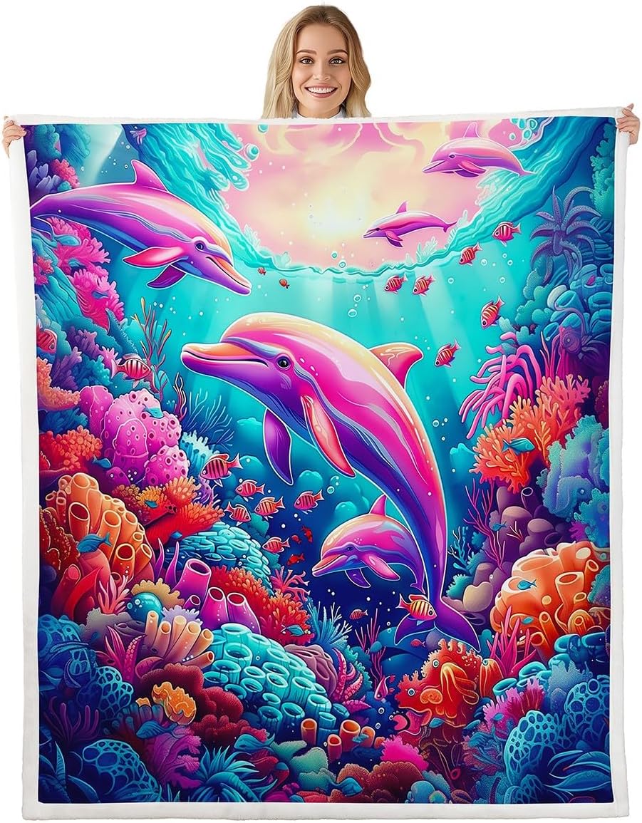 Erosebridal Pink Dolphin Queen 90"X90" Sherpa Blankets Ocean Animal Throw Blanket for Kids Boys Girls Bed,Colorful Coral Reef Fleece Blanket Underwater World Plush Bed Blanket