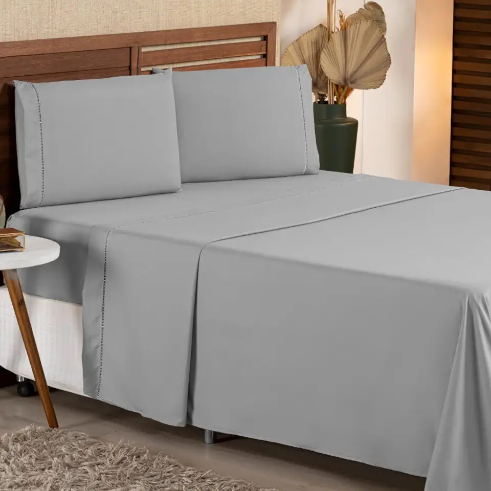 Jogo de Lençol King 4 Peças Micropercal 400 Fios Ponto Palito – Toque Macio Premium Hotel, Antiácaro e Não Faz Bolinha, Conforto e Elegância (Cinza)