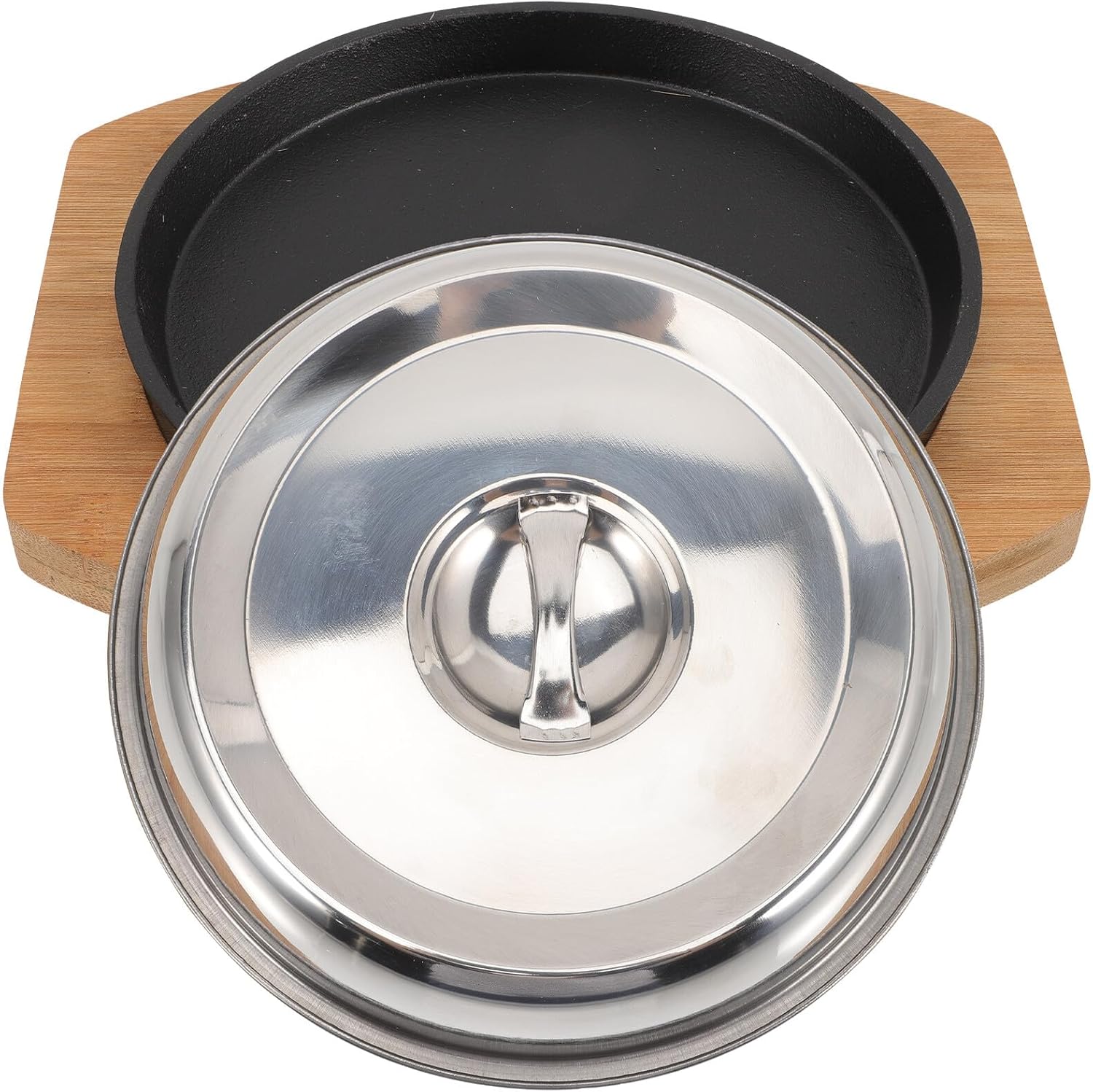 Yardwe Reusable Non-stick Iron Teppanyaki Grill Pan with Red Wooden round Base and Cover, 20cm Diameter Barbecue Cooking Pan for Home and Restaurant Use