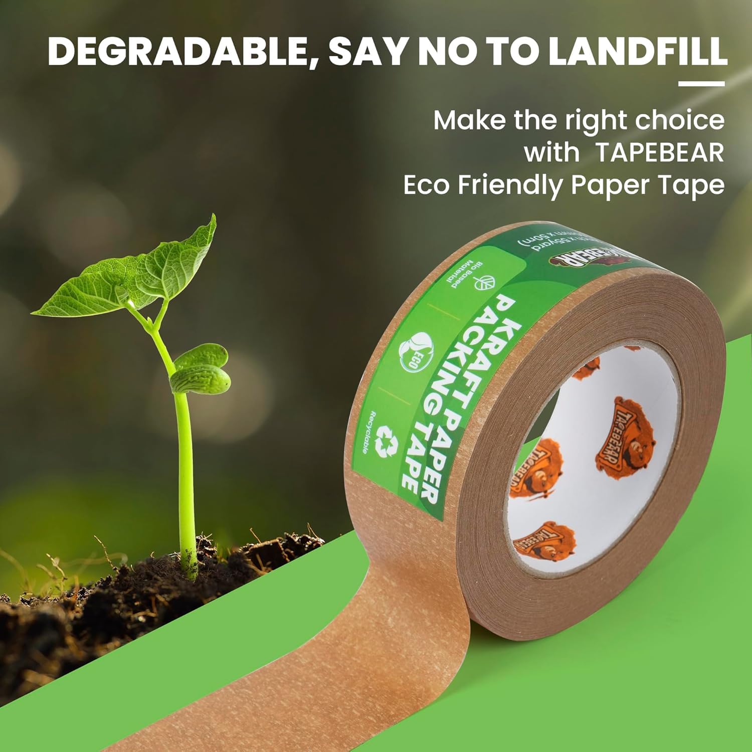 TAPEBEAR 24 Rollos Cinta de Embalaje de Papel Kraft Ecológica - Con Dispensador, 5cm x 50m, Biodegradable, Reciclable, Autoadhesiva para Mudanzas, Envíos y Sellado
