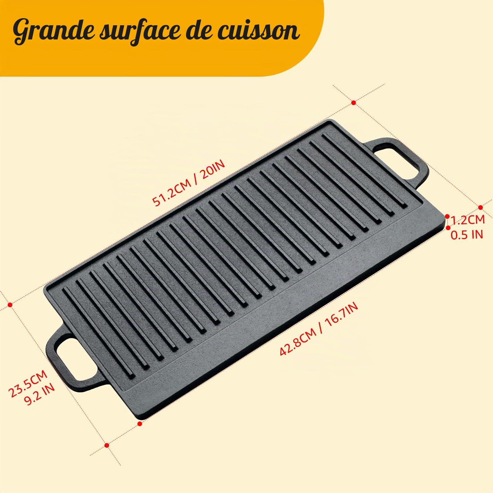 OVERMONT Poêle Grill Réversible en Fonte avec Poignées pour Cuisinière à Gaz