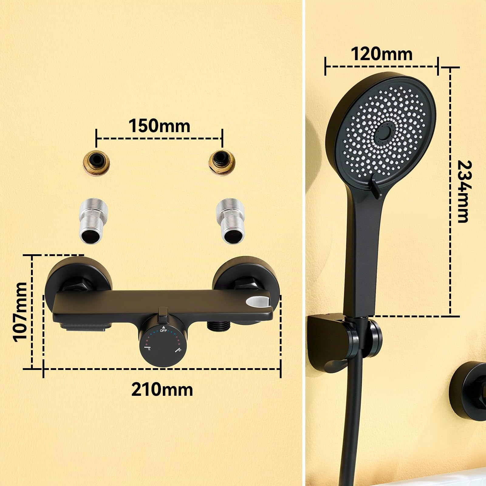 Auralum Rubinetto Vasca da Bagno con Doccetta 5 Geti, Miscelatore Vasca da Bagno a Cascata, Miscelatore Doccia Nero con Tubo Doccia PVC 1,5 m, Rubinetto Doccia con Supporto Soffione Doccia Regolabile
