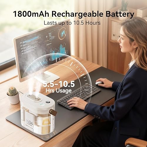 Miniatura 2 de DIGIX Humidificador portátil recargable, pantalla inteligente, luz nocturna, fácil de limpiar, humidificadores pequeños de 1.4 L para dormitorio