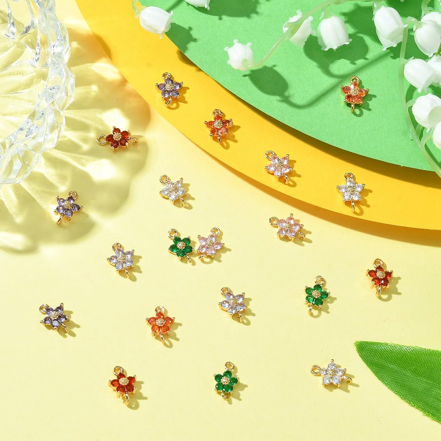 LiQunSweet 20 Pcs Cherry Blossoms Flower Links Charms Brass Pave Cubic Zirconia Floral Connector Charms for DIY Jewelry Bracelet Necklace Earring Craft