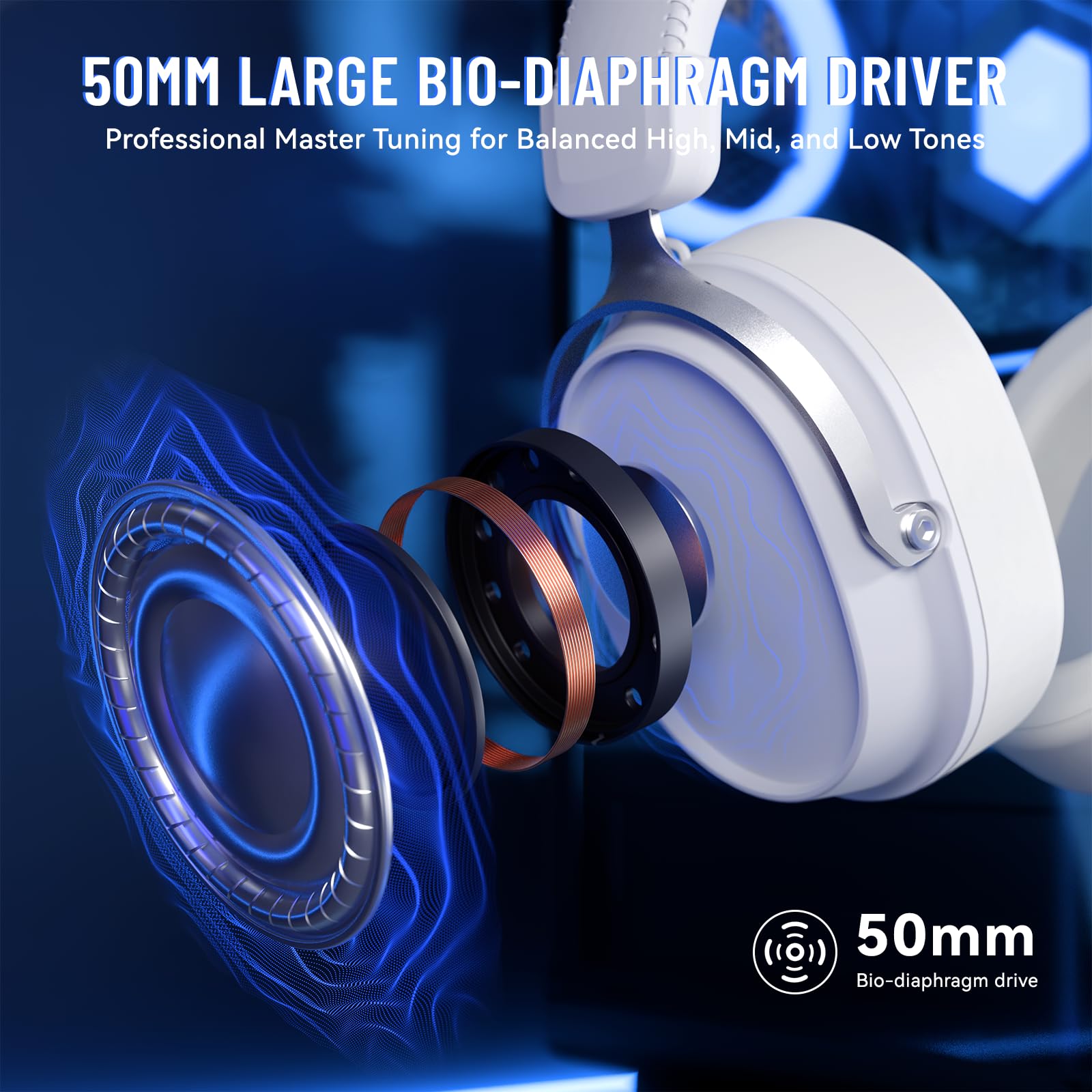 ATTACK SHARK L30PRO Wireless Gaming Headset, 7.1 Surround Sound 50mm Bio-Treiber, 3-Modus 2.4G/BT 5.3/Kabelgebundene Kopfhörer mit Abnehmbarem Mikrofon für PC/PS/Switch, 84H Spielzeit-Weiß