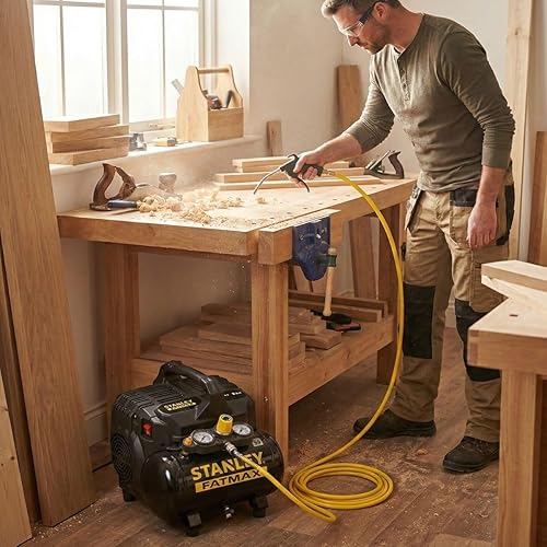Stanley Fatmax Compressor DST 101/8/6 FMXCM00 - Luchtcompressor 8Bar - Stille Compressor 59dB - Tankinhoud 6L - IP43-1450 TPM - Zwart/Geel - 4
