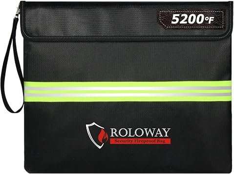 ROLOWAY Fireproof Document Bag 14 x 11 inch with 5200F Upgraded Aluminum Foil Layer, Fireproof Bag for Documents with Reflective Strip and Zipper Black