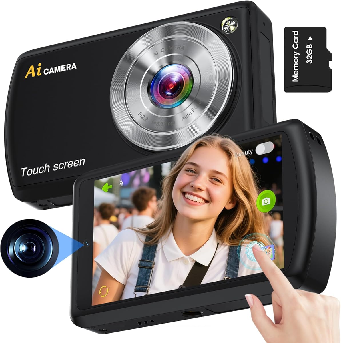 AI Digital Camera, Autofocus AI Camera Front and Rear Compact Digital Cameras for Photography with WiFi,Object Recognition, 3.6'' Touch Screen,Smart Digital Camera for Kids Boys Girls (Black)