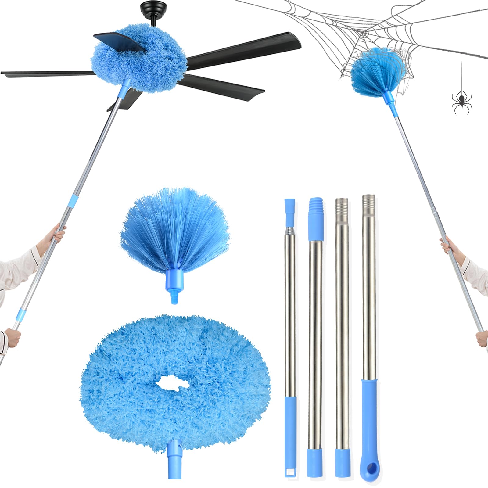 Ceiling Fan Cleaner Duster &amp; Cobweb Duster with Extension Pole 15" -100" Reusable Microfiber Ceiling Fan Blade Cleaner Removable Duster (Blue) for Cleaning High Ceiling Fan Interior Roof Spider Web