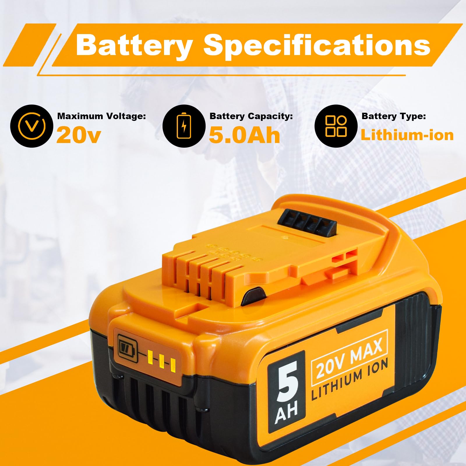 Paquete de 1 batería de repuesto de 5,0 Ah compatible con Dewalt 20 V DCB200 DCB201 DCB204 DCB207 DCD/DCF/DCG serie herramientas eléctricas inalámbricas+cepillo