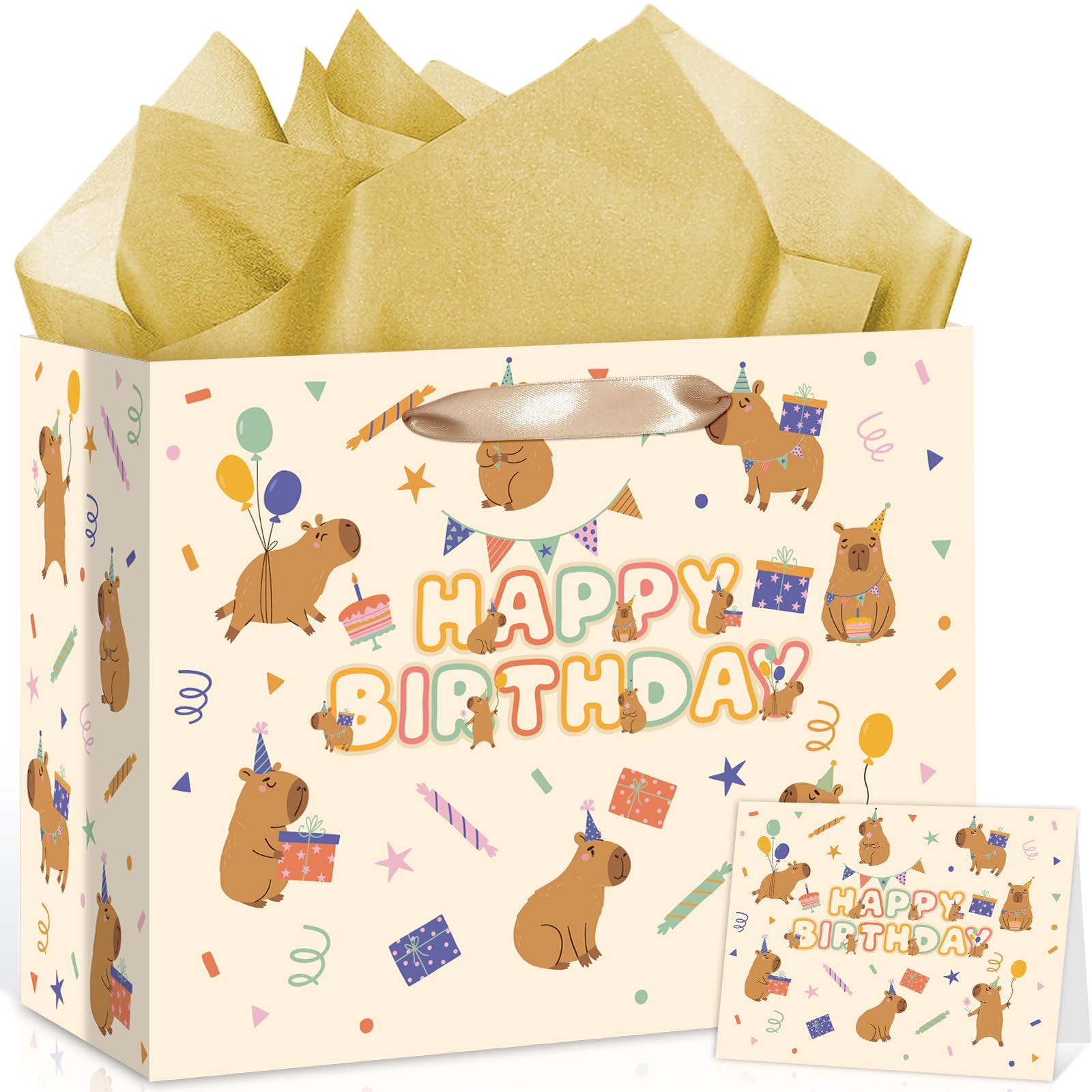 Capybara Gift Bag Cute Capybara Wrapping Paper Bag with Tissue Paper and Greeting Card Yellow Animal Birthday Party Decorations for Kids Girls Boys Birthday Party Supplies