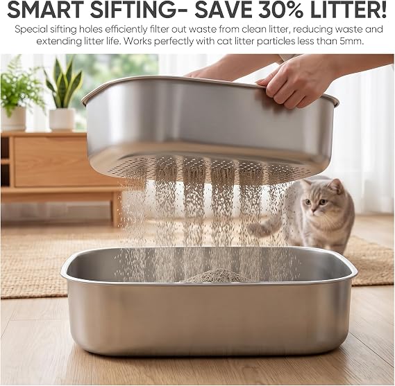 Stainless Steel Sifting Litter Box with Lid, Metal Litter Pan Tray with Scoop for Big Cats & Multi Cat, Extra Large Cats Litterbox Odor Control, Easy Clean (Without Enclosure, X-Large)