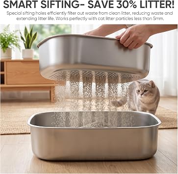 Stainless Steel Sifting Litter Box with Lid, Metal Litter Pan Tray with Scoop for Big Cats & Multi Cat, Extra Large Cats Litterbox Odor Control, Easy Clean (Without Enclosure, X-Large)