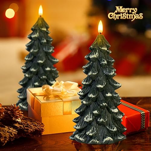 Miniatura 5 de Velas parpadeantes sin llama en forma de árbol de Navidad, velas LED de cera real verde que funcionan con pilas con temporizador para decoración de