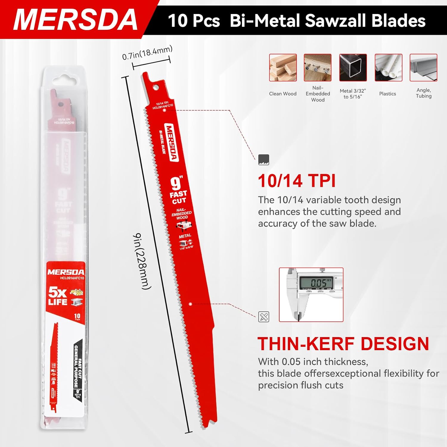 10 Pack 9 Inch 10/14 TPI Bi-Metal Reciprocating Saw Blades for Nail-Embedded Wood,3/32" to 5/16" Medium Metals Flush Cut-Compatible with Diablo Bi-Metal Sawzall Blade