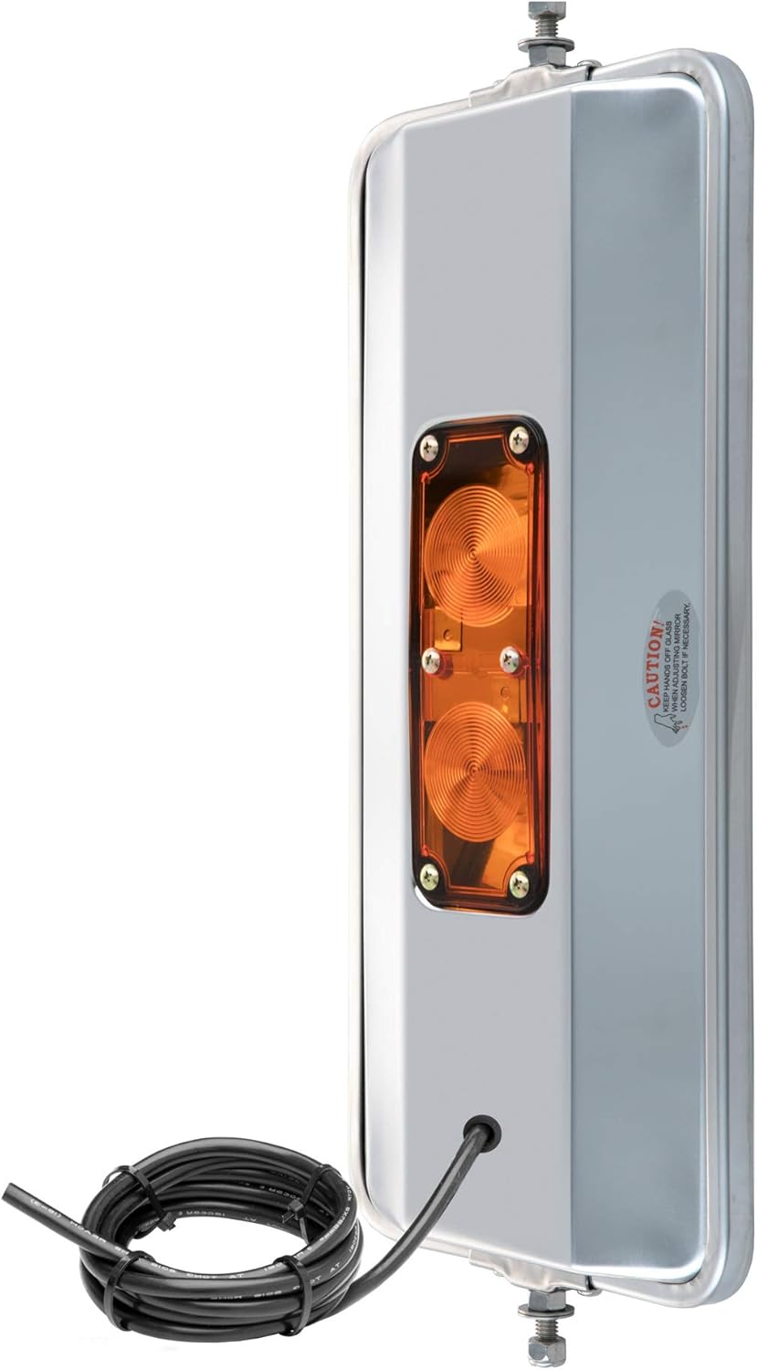 RETRAC 601288 7 x 16-Inch Stainless Steel Rounded Angle-Back Heated, Lighted West Coast Mirror Head, Universal Driver or Passenger Side, Chrome