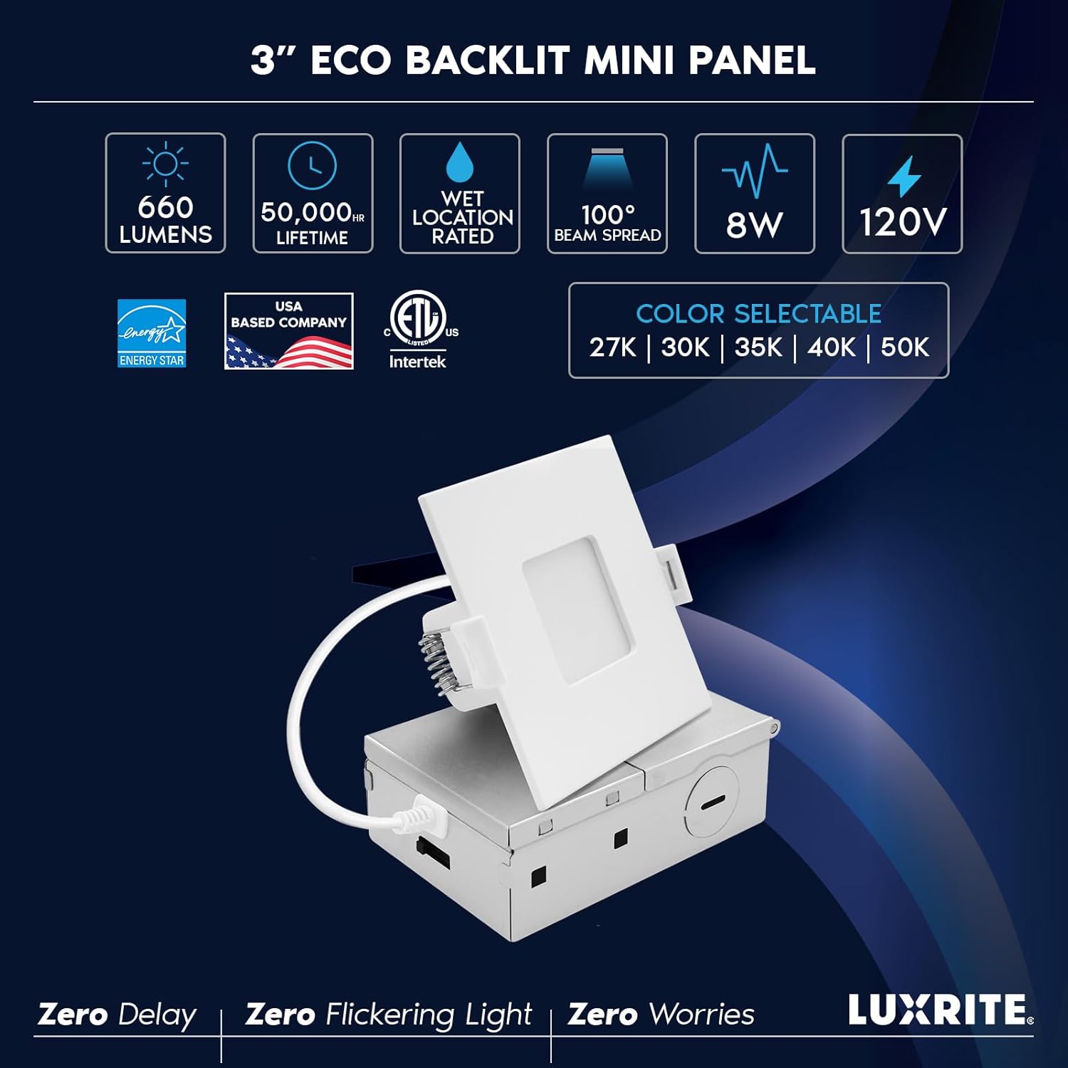 LUXRITE 3 Inch LED Recessed Light, ECO Backlit Mini Panel Spotlight, 5CCT 2700K-5000K, 660 Lumens, High Output, 8 Watts, Dimmable, IC Rated, Wet Rated, ETL Listed, Energy Star, Square (4 Pack)