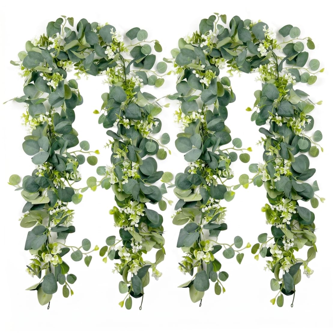 BeVistoso Faux Eucalyptus Garland, 2pcs Artificial Eucalyptus Garland Vines Lifelike Greenery Garlands With Soft Leaves & Tiny Flowers For Home Event Decor, Green