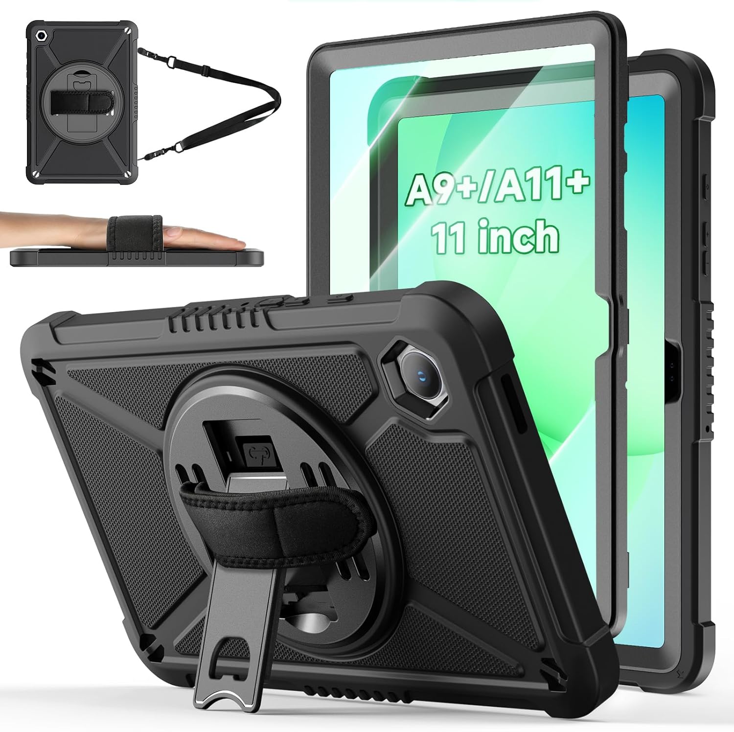 ZtotopCases Shockproof Case for Samsung Galaxy Tab A9+ A11+ 11-Inch 2023/2025 - Screen Protector, 360° Stand, Hand & Shoulder Strap, Black