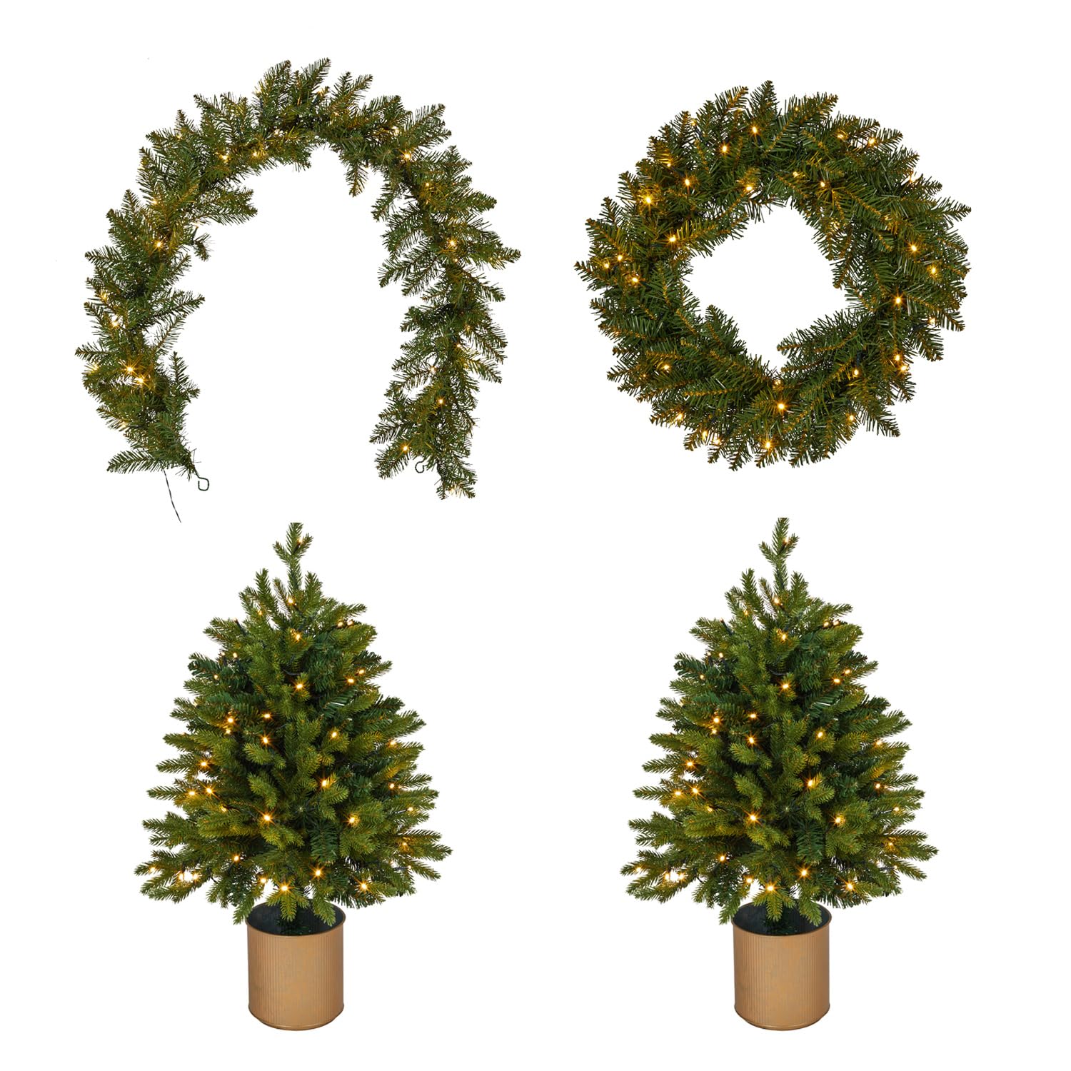 Lights4fun Weihnachtsbeleuchtung Outdoor Set LED beleuchtet Künstliche Tannenbäume Weihnachtskranz Weihnachtsgirlande Außen Deko Weihnachten