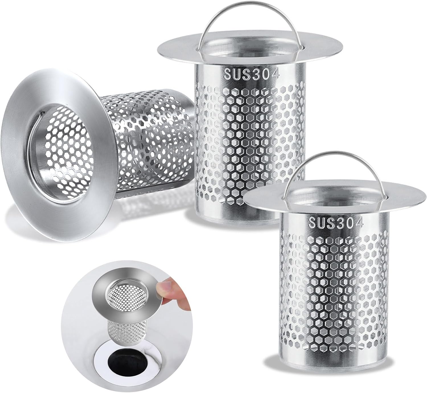 3 Pack Sink Drain Strainer - Stainless Steel Bathtub Shower Drain Hair Stopper Strainer for Shower Bathroom Kitchen Sink Prevent Clogging, with Handle (2.17")