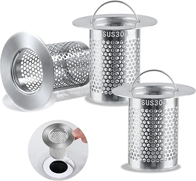 3 Pack Sink Drain Strainer - Stainless Steel Bathtub Shower Drain Hair Stopper Strainer for Shower Bathroom Kitchen Sink Prevent Clogging, with Handle 2.17"