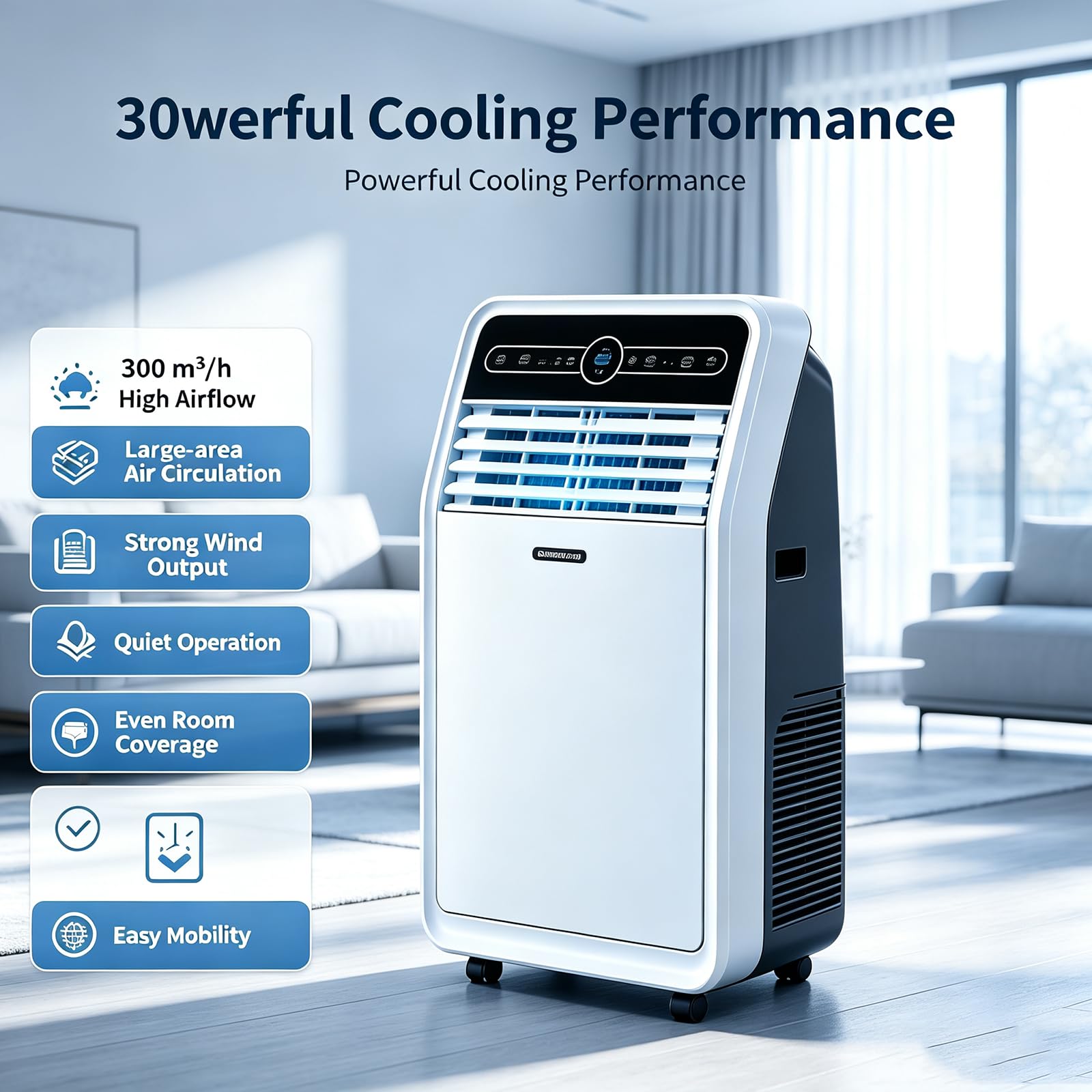 Condizionatore d'Aria Portatile con Deumidificatore Integrato, Timer 24 Ore, Oscillazione A 120°, 3 velocità Ventola, Display A LED, Raffreddamento Rapido per Soggiorno, Ufficio 2P3600W