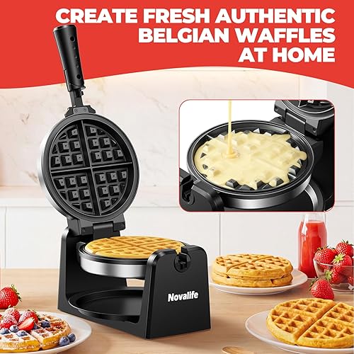 Miniatura 7 de Máquina de gofres belga giratoria, plancha para gofres abatible de 180, placa antiadherente, control de tostado ajustable, mango plegable al tacto,