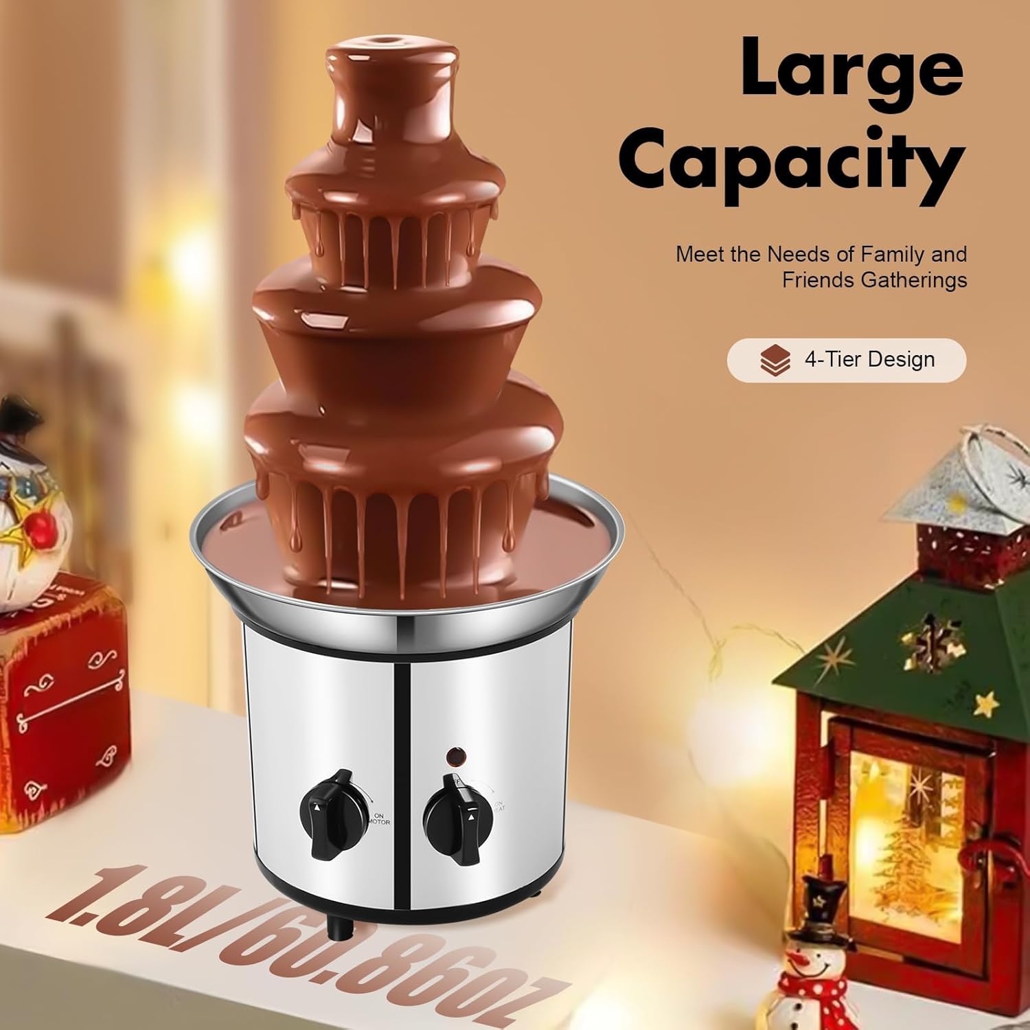 Chocolate Fountain Machine, 4-Tier Stainless Steel Chocolate Melts Dipping Fondue Fountain With Sealing System, Electric Commercial Chocolate Waterfall Heated Melting Machine Adjustable Temperature