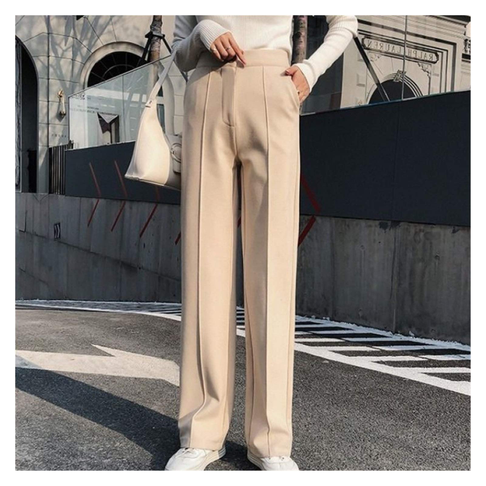 Pantalones de pierna ancha que caen otoño e invierno de invierno pantalones rectos de la cintura alta versátil pantalones de trapeadores sueltos versátiles