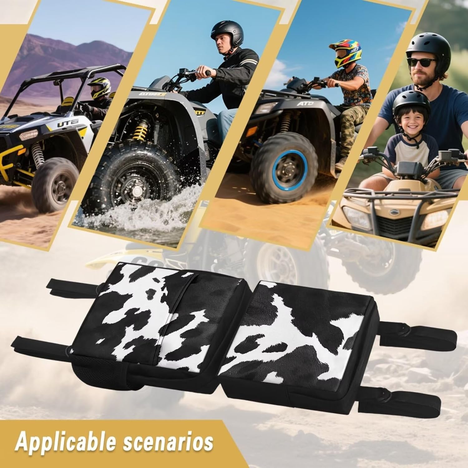 SEANATIVE ATV Fender Bag Black Cow Cargo Storage Bag 2 Pack for Front and Rear Fender Beside Tank Rack Durable UTV Accessories for Roll Cage and Bar Gear Organizer