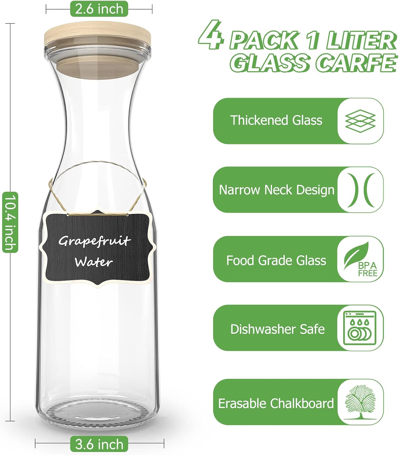 4 Pack Glass Carafe Pitchers with Lid and Tag, 1 Liter Water Iced Tea Beverage Pitcher Set, Milk Juice Container for Refrigerator, Glass Juice Pitcher for Lemonade Drink Brunch Decor Mimosa Bar Party : Home & Kitchen