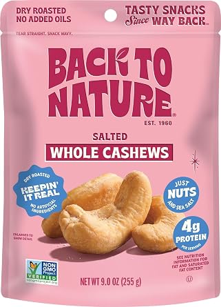 Back to Nature Salted Jumbo Cashews, Dry Roasted Nuts, Sea Salt, Snack, 1pk | Whole Cashews, Kosher, No Dairy Added, Plant Based, Non GMO No High Fructose Corn Syrup No Artificials, Wholesome Snacks 9oz