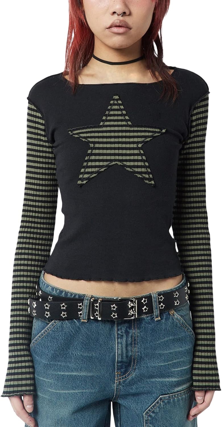 Women Vintage Star Pattern Stripes Patchwork T Shirts Long Sleeve Crew Neck Crop Top Casual Y2K 90s Streetwear - Image 5