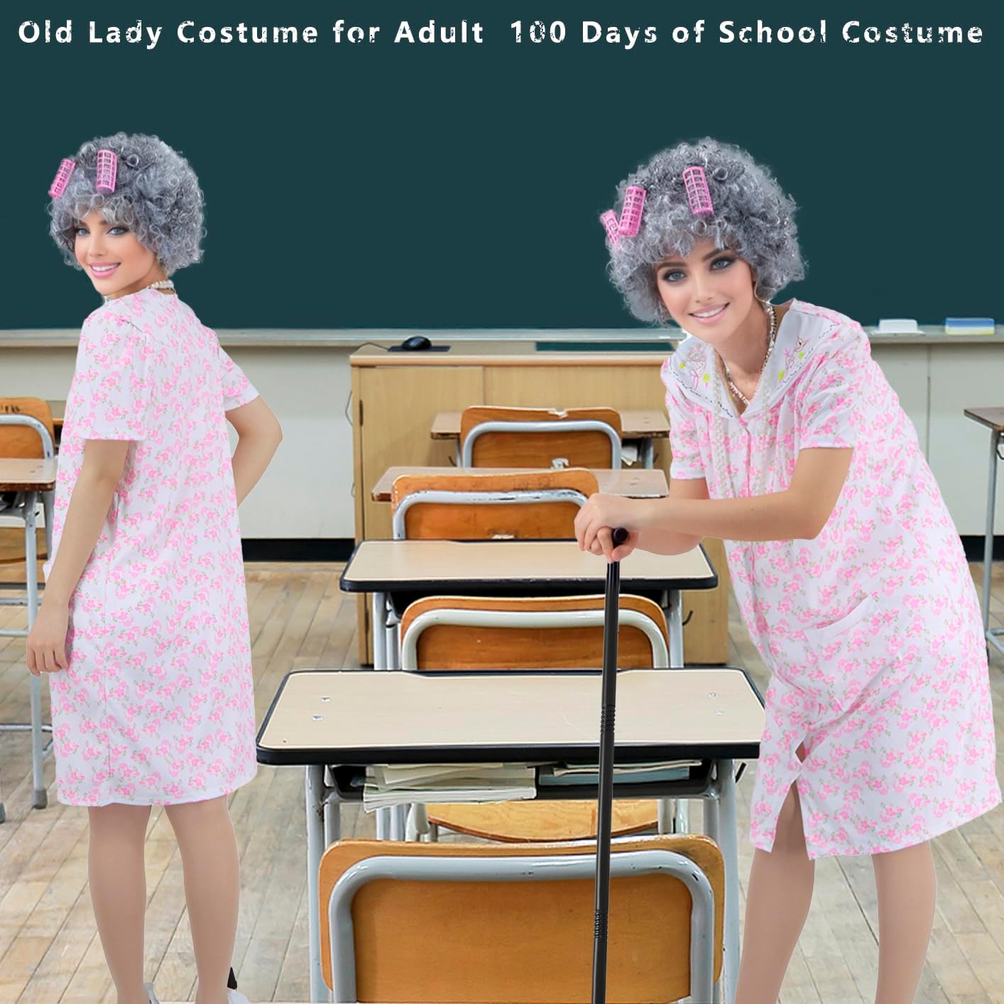 9pcs Adult Old Lady Costume for Women 100 Days of School Costume Grandma Dress Up Old Lady Costume Accessories - Image 4