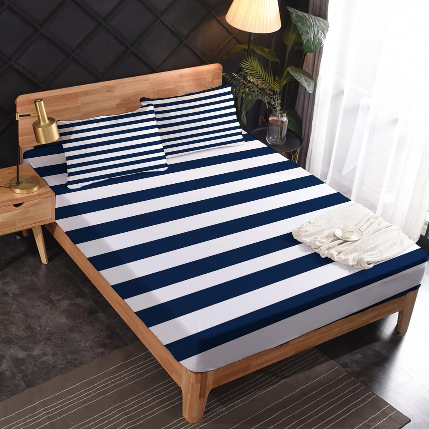 Nautical Sheets Queen Sheet Set - Navy Blue and White Stripe Bed Sheets, Soft Microfiber & Deep Pocket & Wrinkle Free Bedding Sheets & Pillowcases, 1 Fitted Sheet, 1 Flat Sheet, 2 Pillow Cases