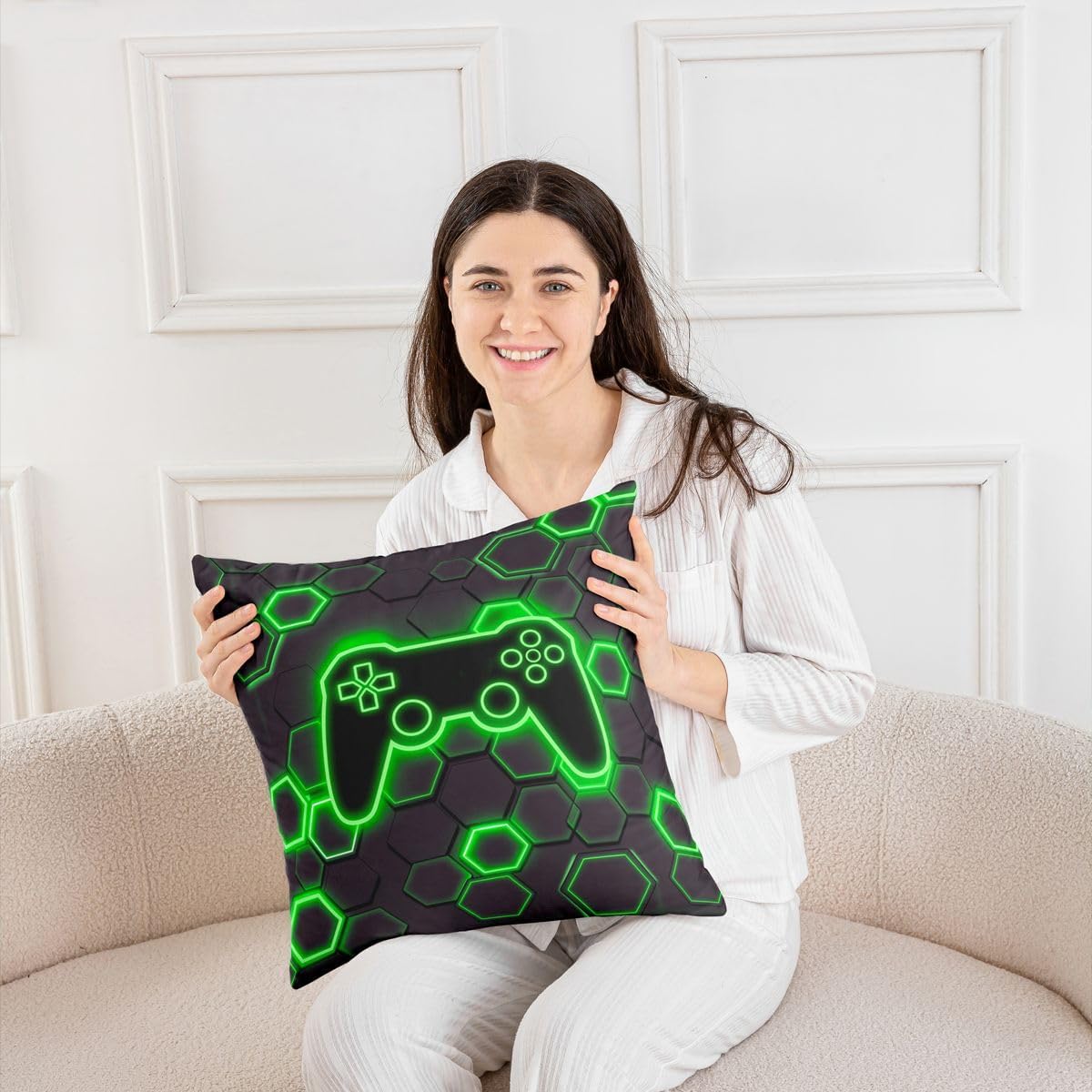 Manfei Gaming Gamepad Kids Throw Pillow Cover,Boys Games Pillow Case,Neon Honeycomb Bed Couch Sofa Cushion Cover,Green Home Decor,2 Pack 24"x24" image 5